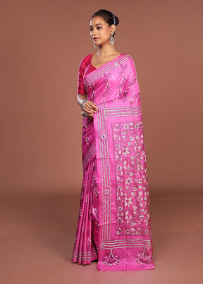 Pink Kantha Stitch Silk Saree With Blouse Piece