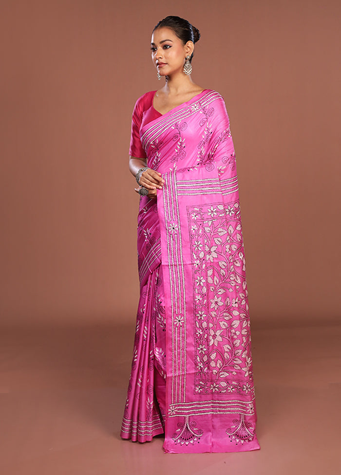 Pink Kantha Stitch Silk Saree With Blouse Piece