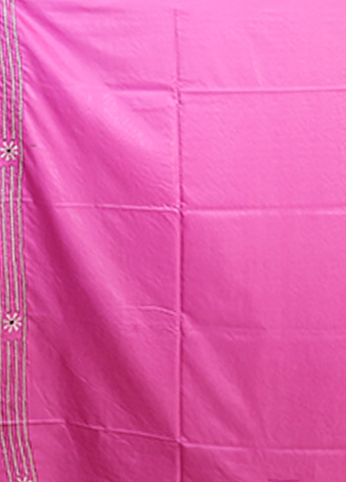 Pink Kantha Stitch Silk Saree With Blouse Piece