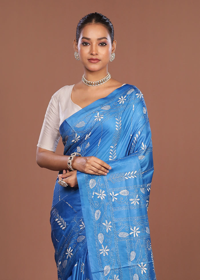 Blue Kantha Stitch Silk Saree With Blouse Piece