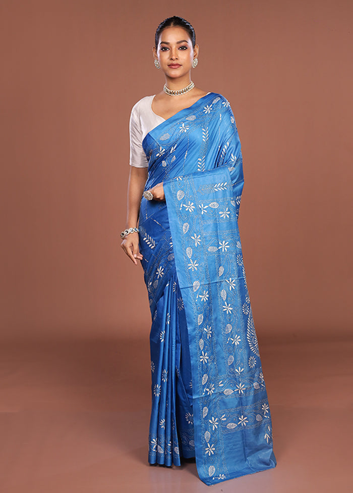 Blue Kantha Stitch Silk Saree With Blouse Piece