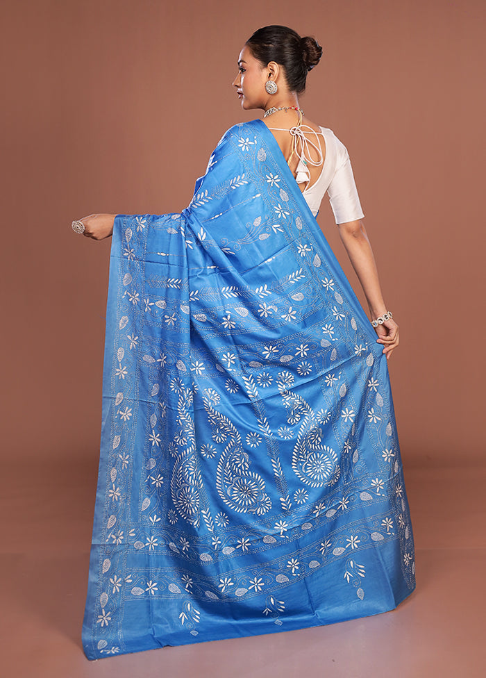 Blue Kantha Stitch Silk Saree With Blouse Piece