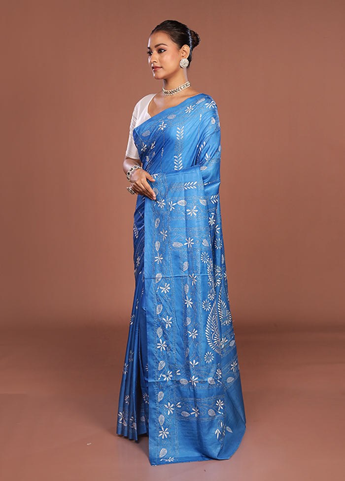 Blue Kantha Stitch Silk Saree With Blouse Piece