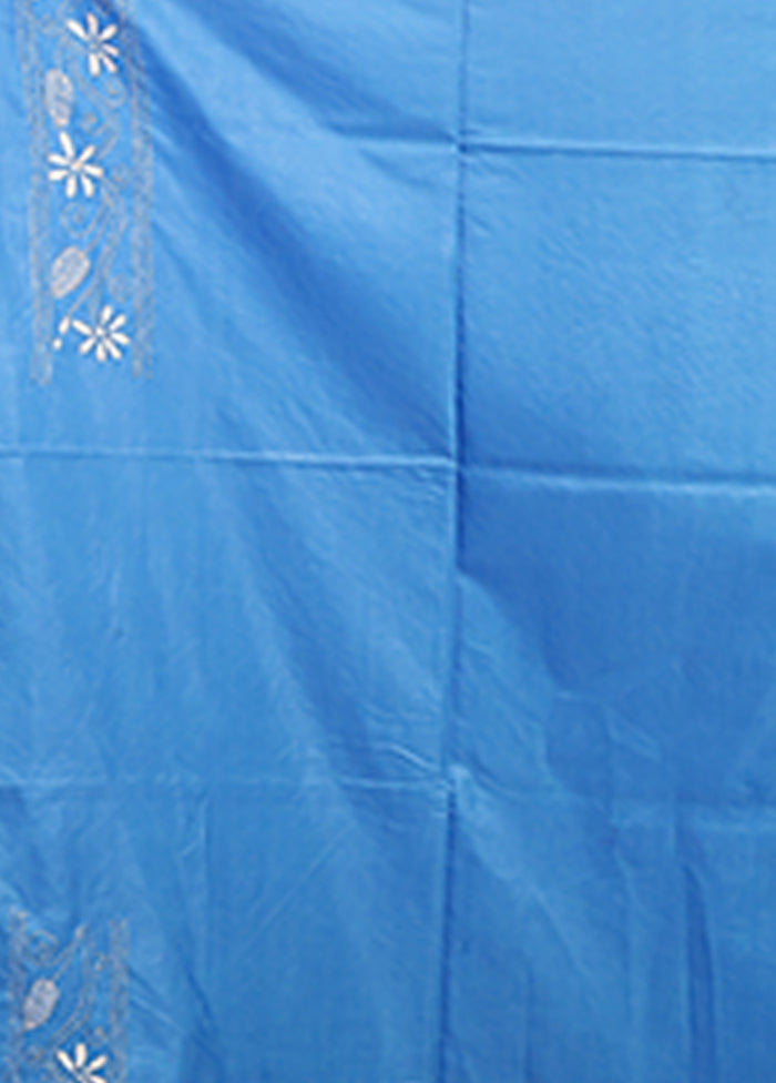 Blue Kantha Stitch Silk Saree With Blouse Piece