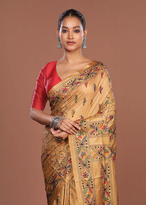 Cream Kantha Stitch Silk Saree With Blouse Piece