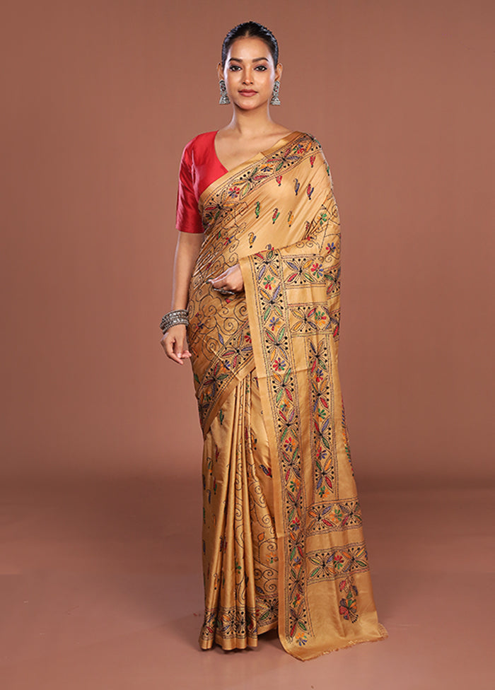 Cream Kantha Stitch Silk Saree With Blouse Piece