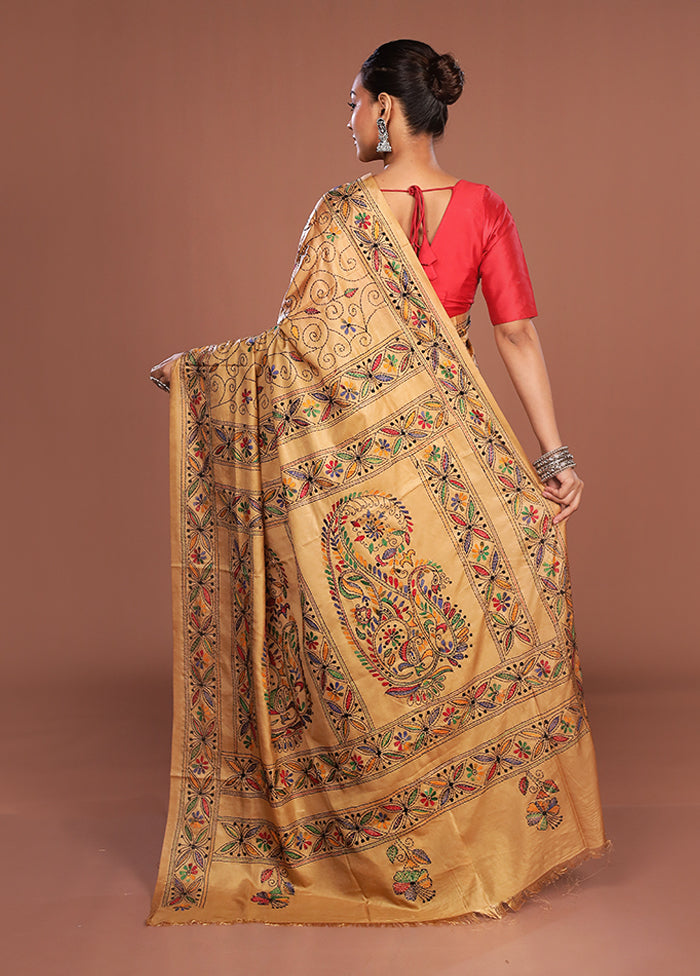 Cream Kantha Stitch Silk Saree With Blouse Piece