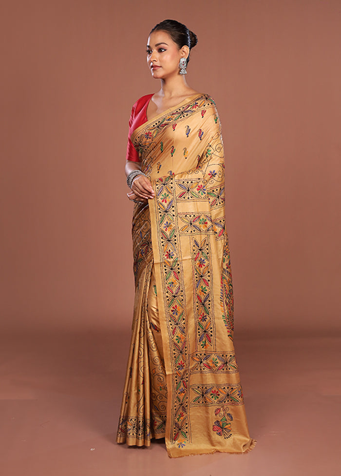 Cream Kantha Stitch Silk Saree With Blouse Piece