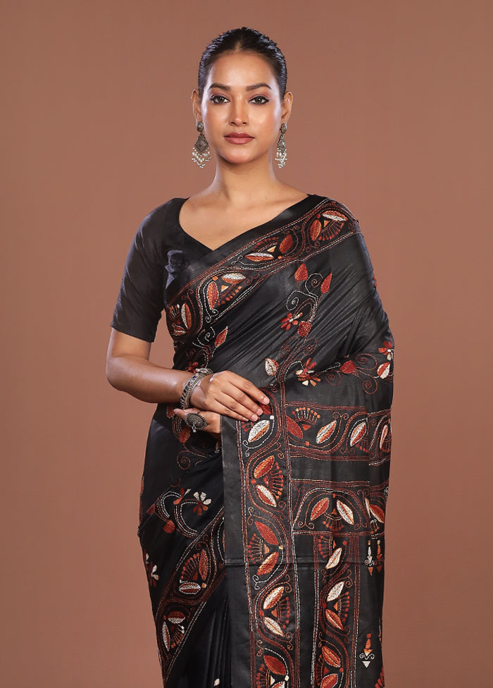 Black Kantha Stitch Silk Saree With Blouse Piece