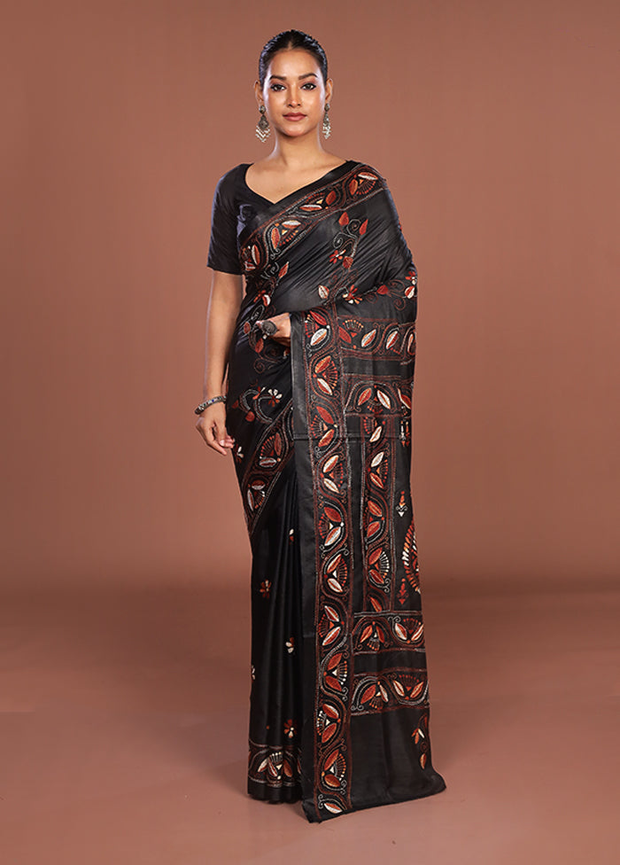 Black Kantha Stitch Silk Saree With Blouse Piece