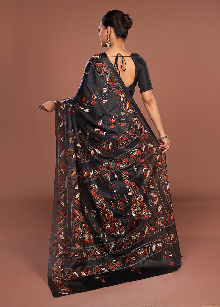 Black Kantha Stitch Silk Saree With Blouse Piece