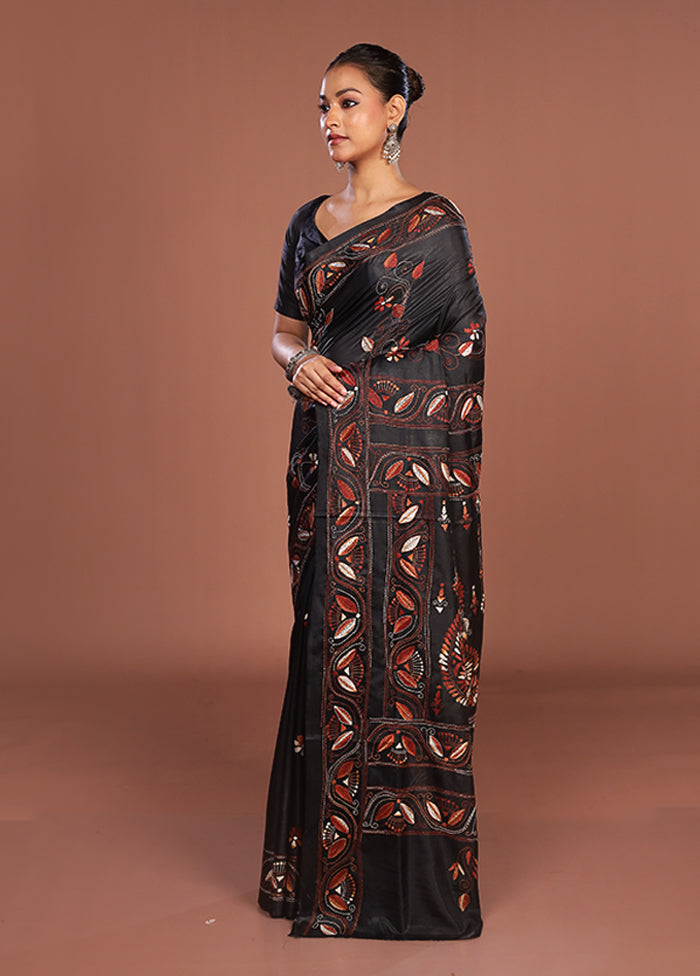 Black Kantha Stitch Silk Saree With Blouse Piece
