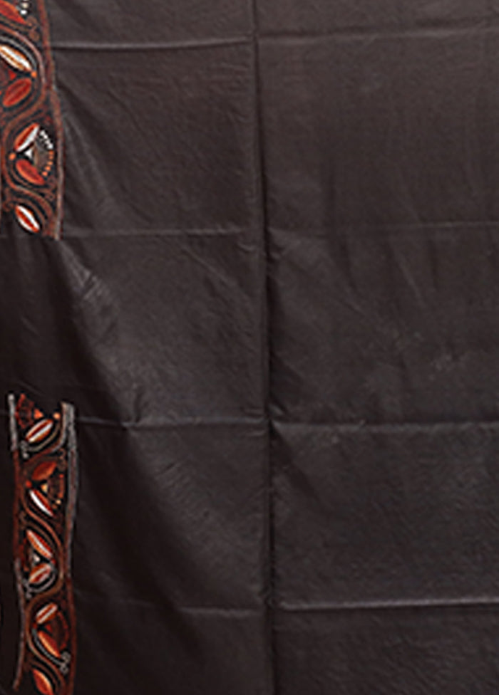 Black Kantha Stitch Silk Saree With Blouse Piece