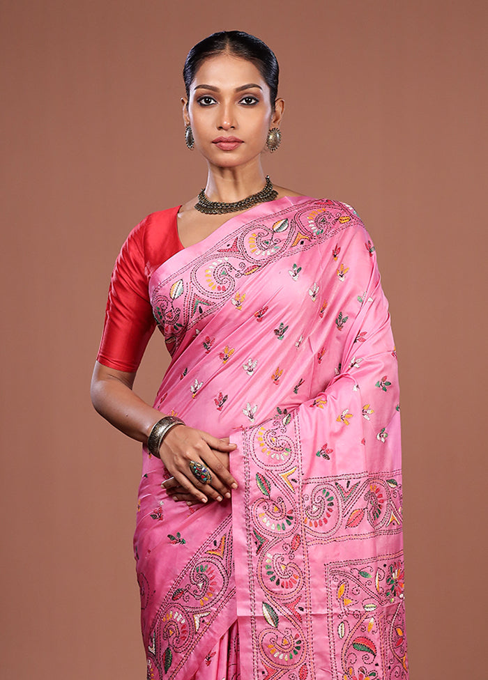 Pink Kantha Stitch Silk Saree With Blouse Piece