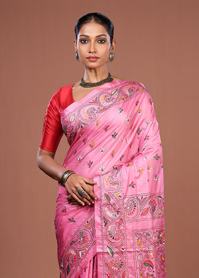 Pink Kantha Stitch Silk Saree With Blouse Piece