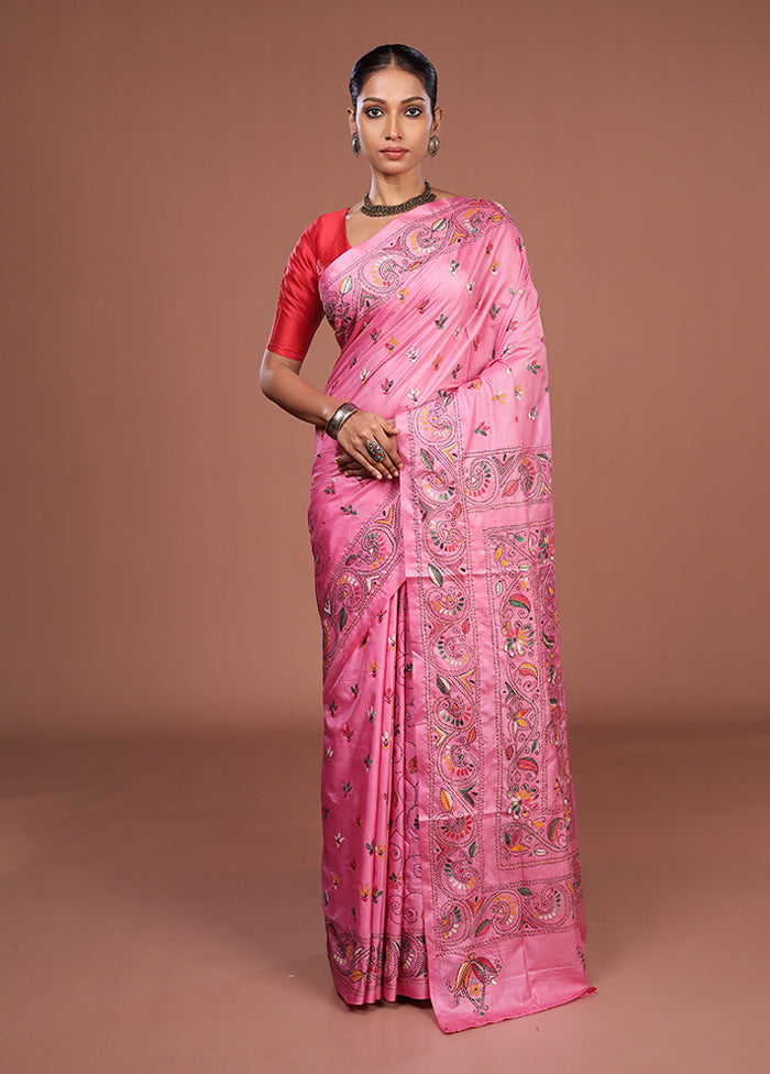 Pink Kantha Stitch Silk Saree With Blouse Piece