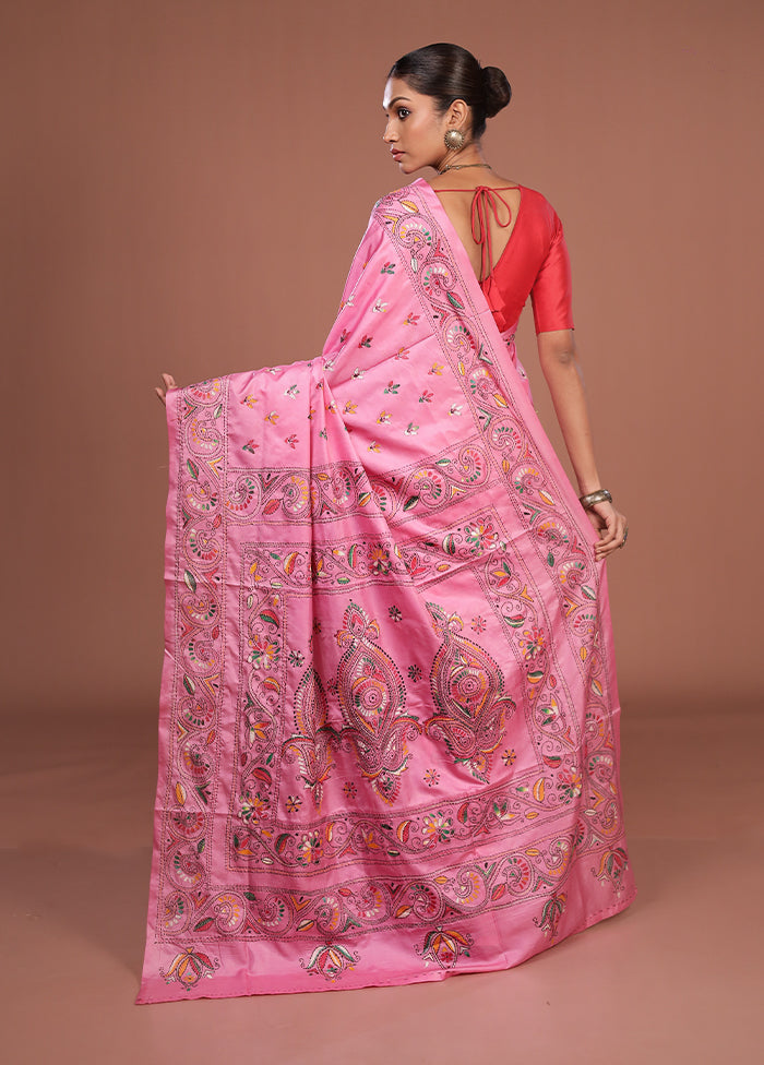 Pink Kantha Stitch Silk Saree With Blouse Piece