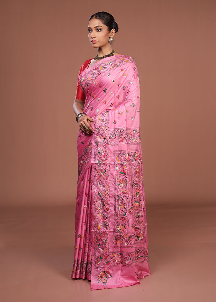 Pink Kantha Stitch Silk Saree With Blouse Piece