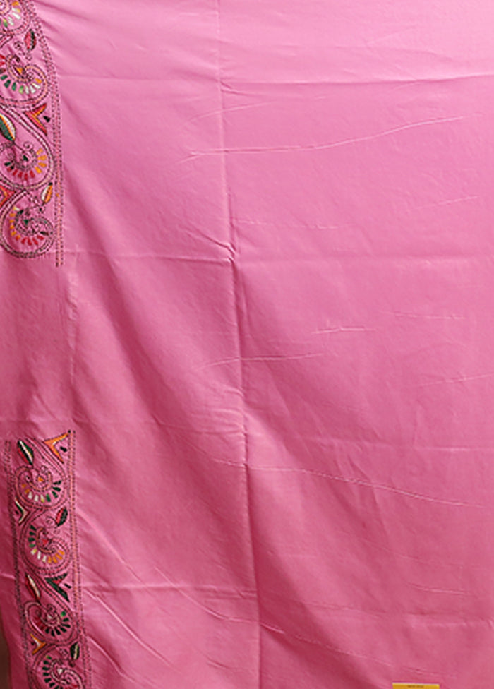 Pink Kantha Stitch Silk Saree With Blouse Piece