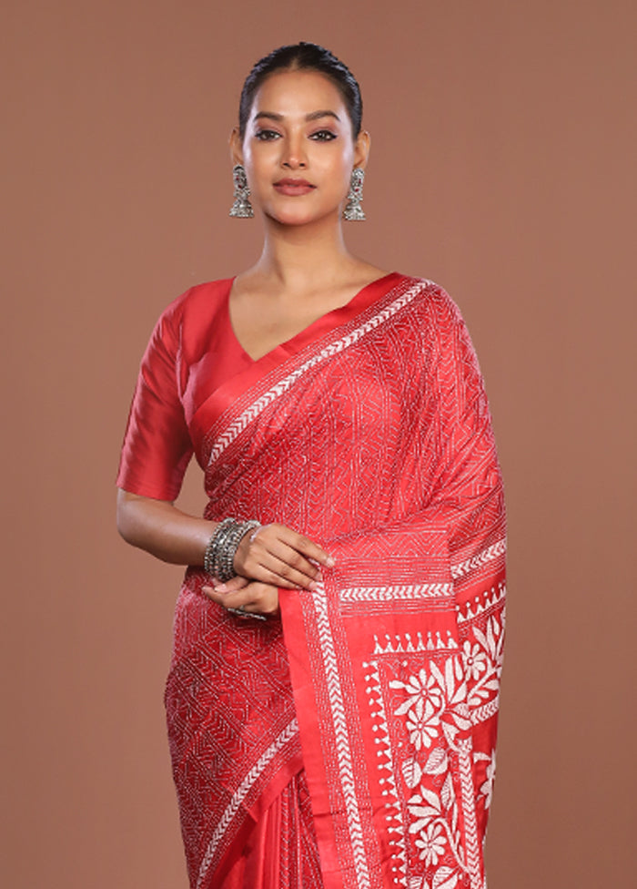 Red Kantha Stitch Silk Saree With Blouse Piece