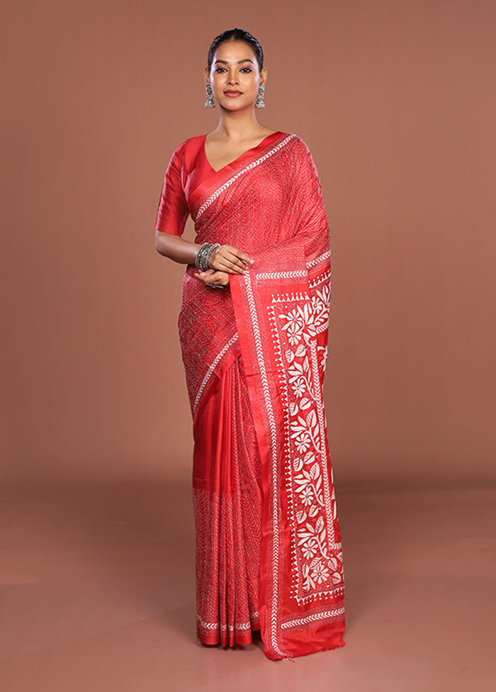 Red Kantha Stitch Silk Saree With Blouse Piece