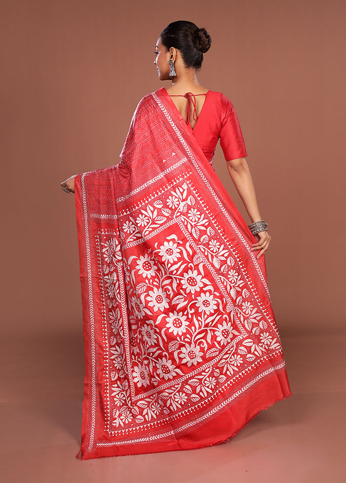 Red Kantha Stitch Silk Saree With Blouse Piece