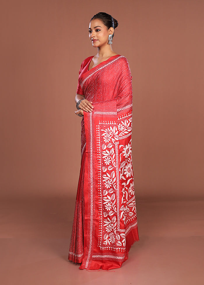 Red Kantha Stitch Silk Saree With Blouse Piece
