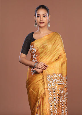 Yellow Kantha Stitch Silk Saree With Blouse Piece