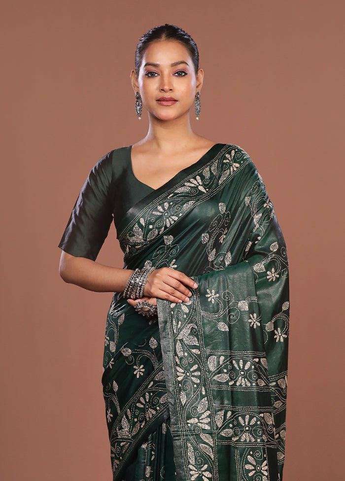 Green Kantha Stitch Silk Saree With Blouse Piece