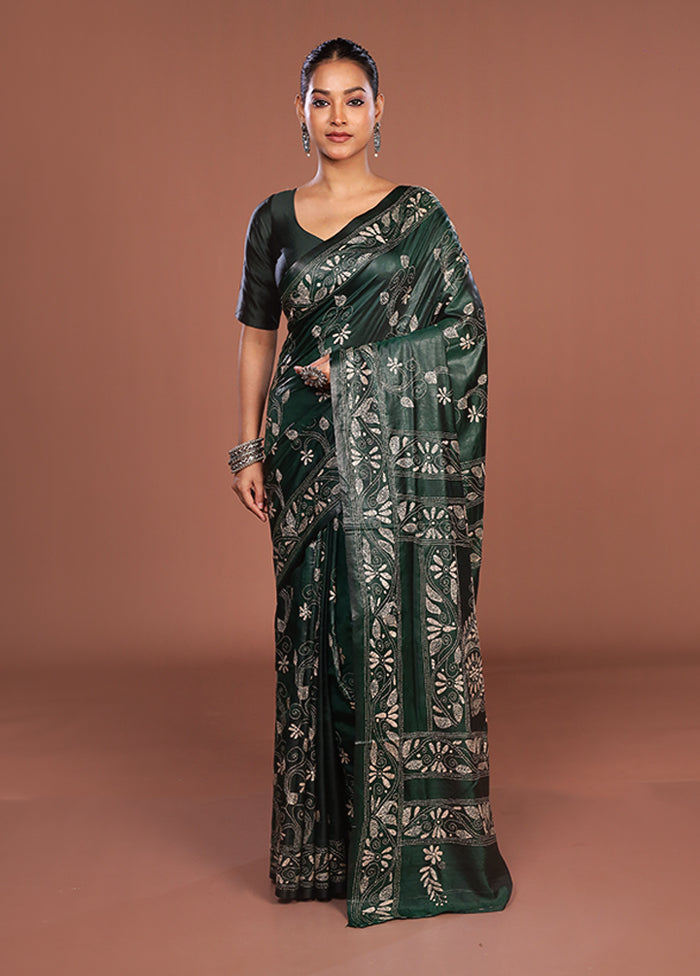 Green Kantha Stitch Silk Saree With Blouse Piece
