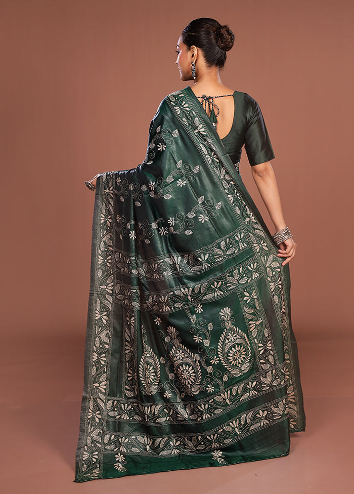 Green Kantha Stitch Silk Saree With Blouse Piece