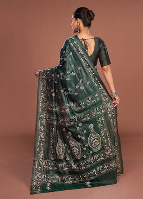 Green Kantha Stitch Silk Saree With Blouse Piece