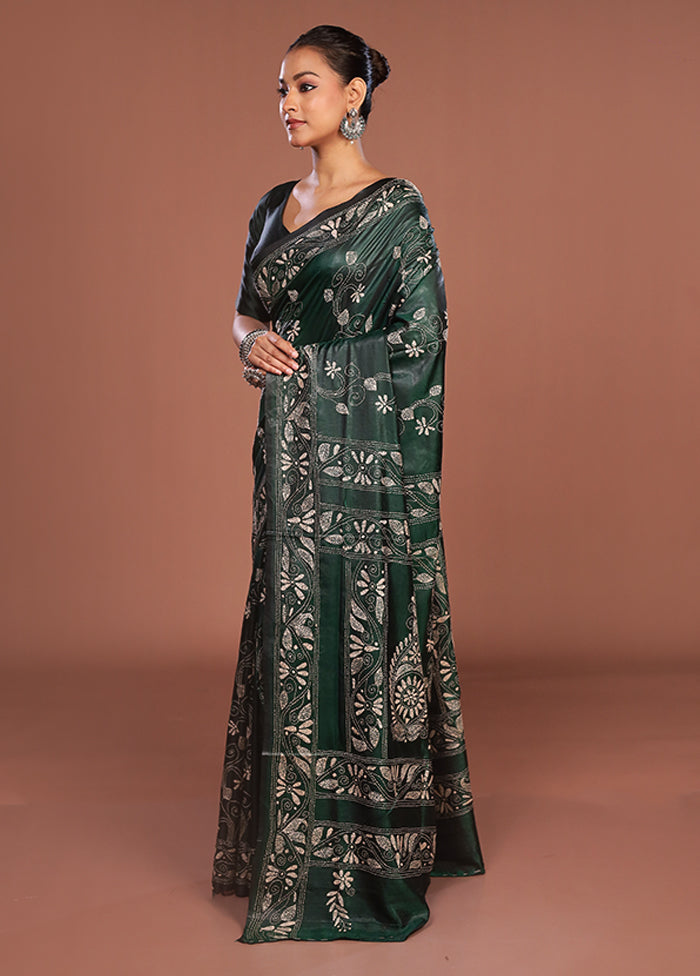 Green Kantha Stitch Silk Saree With Blouse Piece