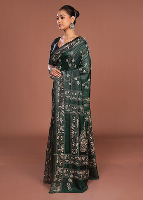 Green Kantha Stitch Silk Saree With Blouse Piece