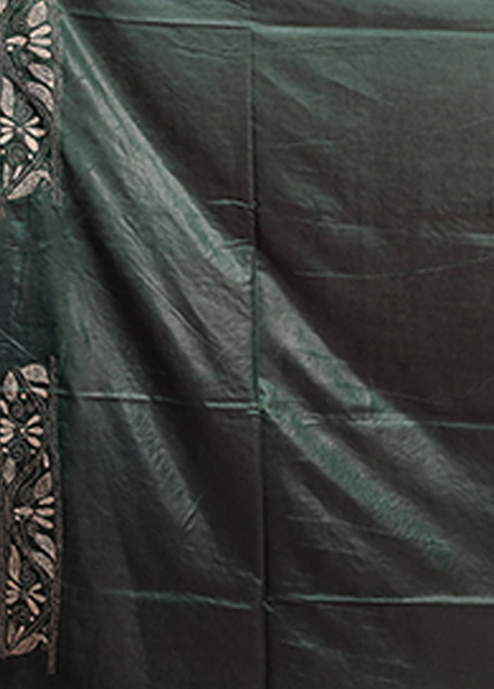 Green Kantha Stitch Silk Saree With Blouse Piece
