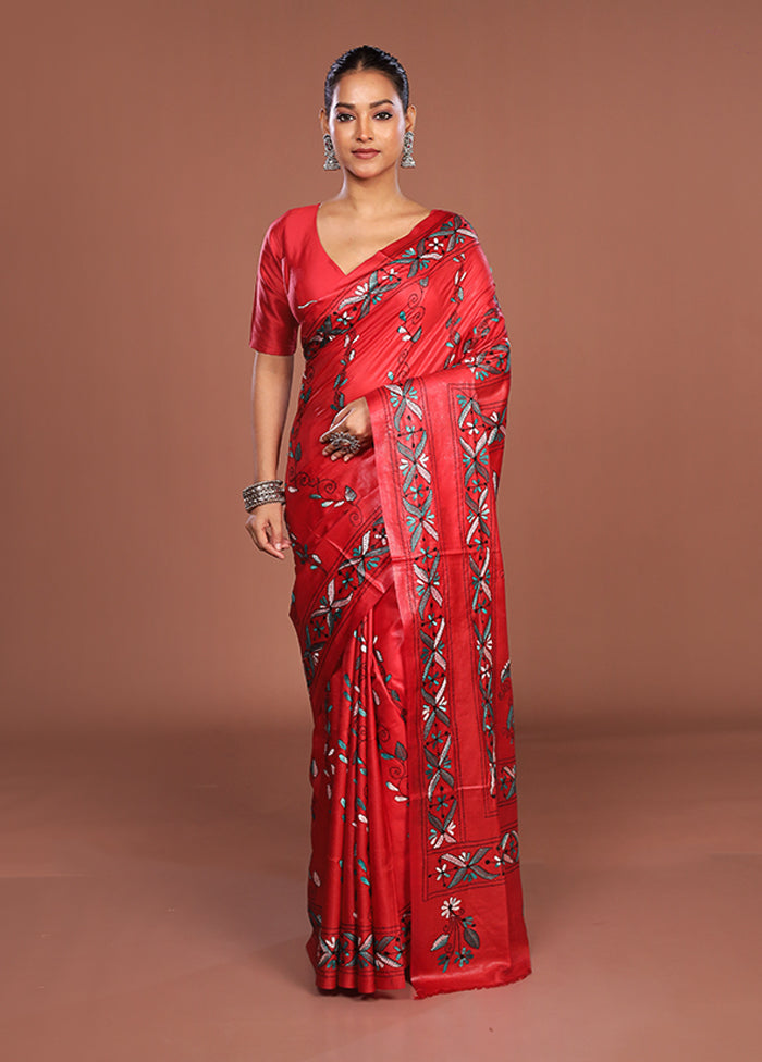 Red Kantha Stitch Silk Saree With Blouse Piece