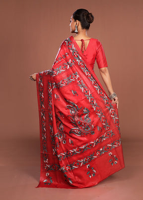 Red Kantha Stitch Silk Saree With Blouse Piece
