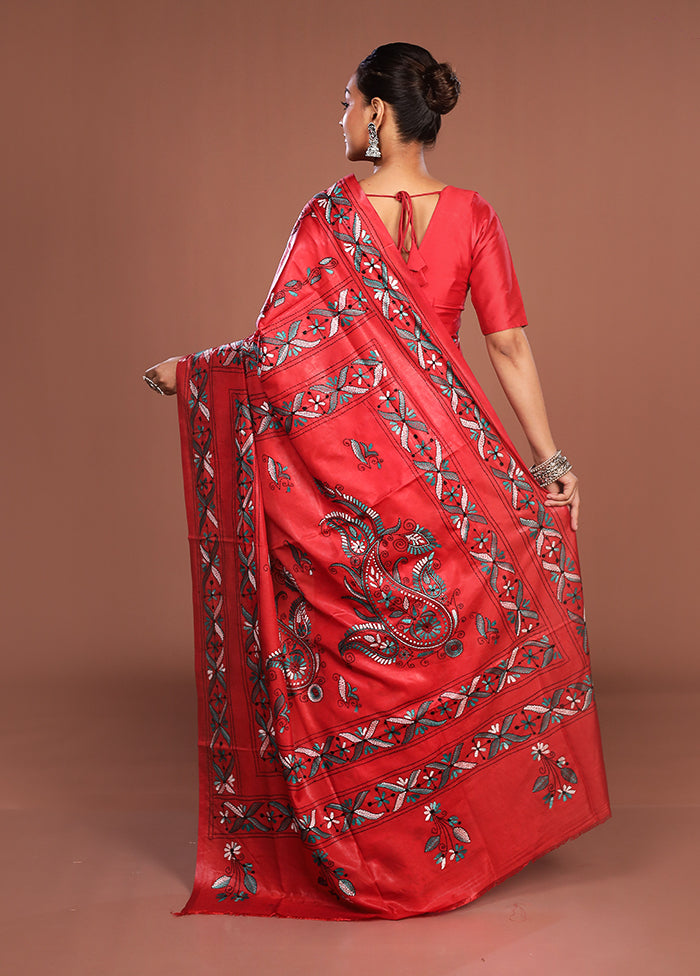 Red Kantha Stitch Silk Saree With Blouse Piece