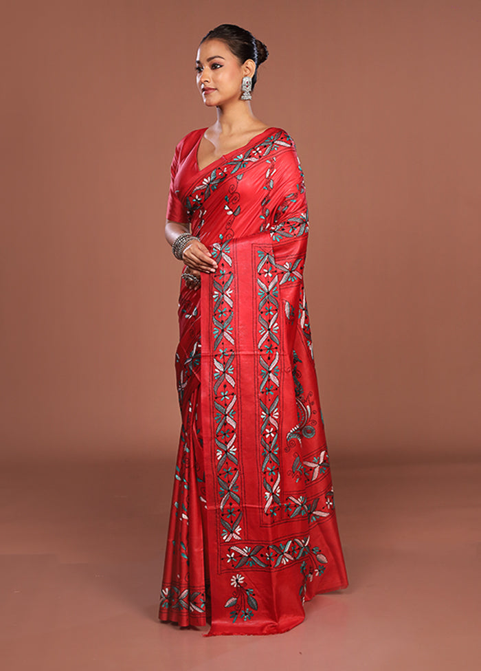 Red Kantha Stitch Silk Saree With Blouse Piece