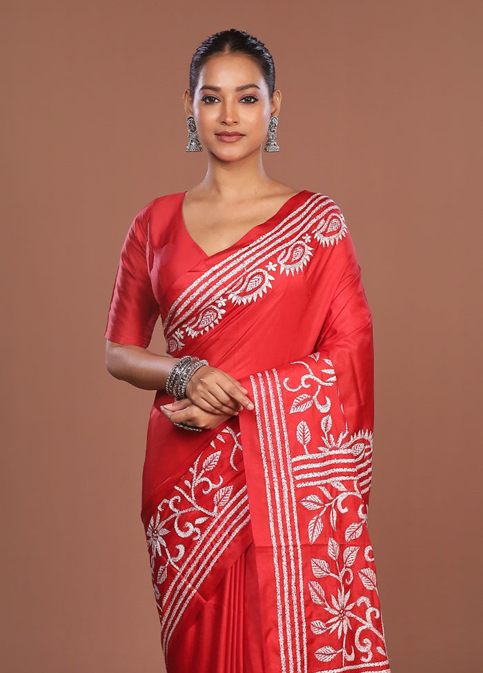 Red Kantha Stitch Silk Saree With Blouse Piece