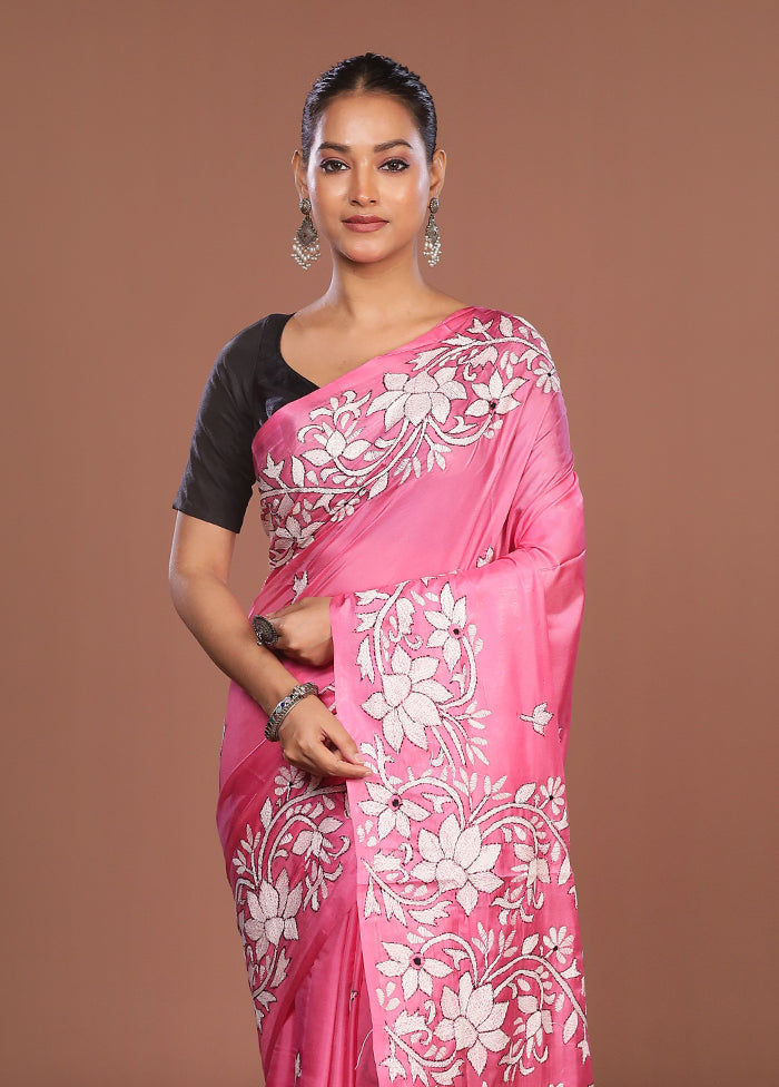 Pink Kantha Stitch Silk Saree With Blouse Piece