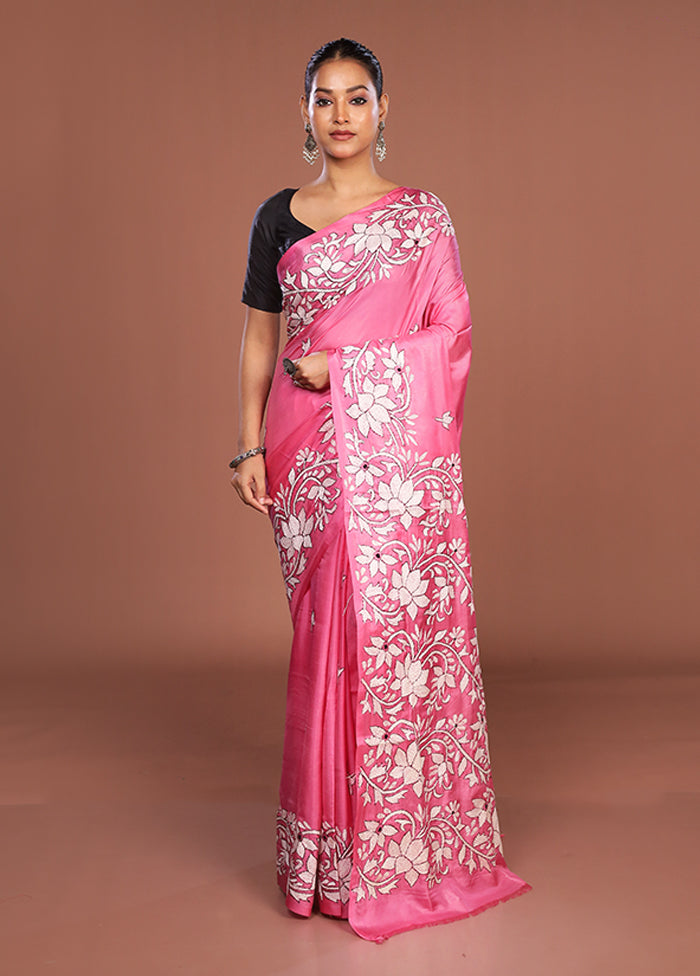 Pink Kantha Stitch Silk Saree With Blouse Piece