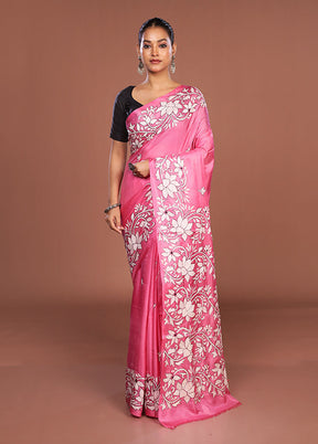 Pink Kantha Stitch Silk Saree With Blouse Piece
