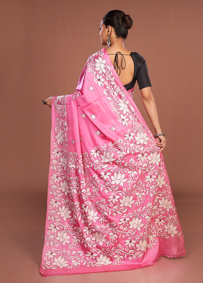 Pink Kantha Stitch Silk Saree With Blouse Piece