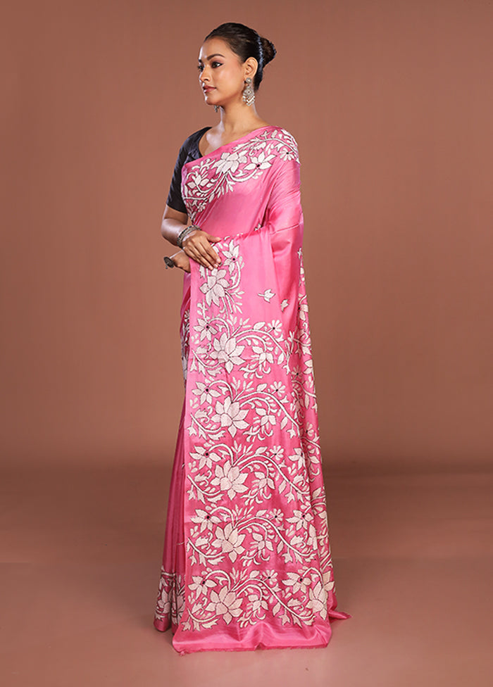 Pink Kantha Stitch Silk Saree With Blouse Piece