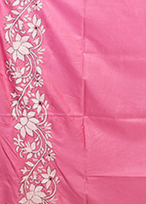 Pink Kantha Stitch Silk Saree With Blouse Piece