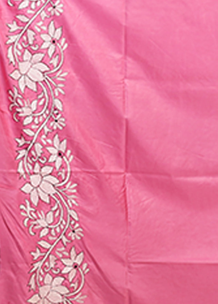 Pink Kantha Stitch Silk Saree With Blouse Piece