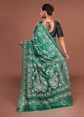 Green Kantha Stitch Silk Saree With Blouse Piece