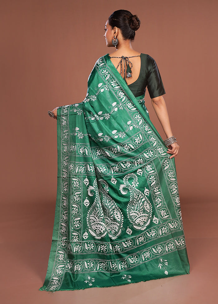 Green Kantha Stitch Silk Saree With Blouse Piece
