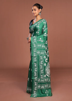 Green Kantha Stitch Silk Saree With Blouse Piece